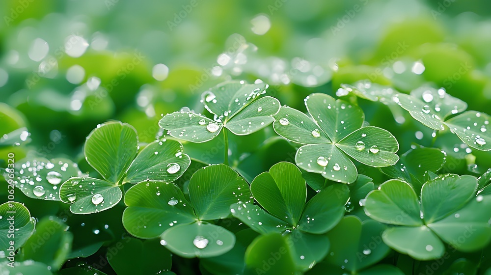 Dewdrops nature texture concept. A close-up view of lush green clover leaves adorned with glistening water droplets, showcasing nature's beauty and freshness. Dewdrops nature texture concept. A close-up view of lush green clover leaves adorned with glistening water droplets, showcasing nature's beauty and freshness.