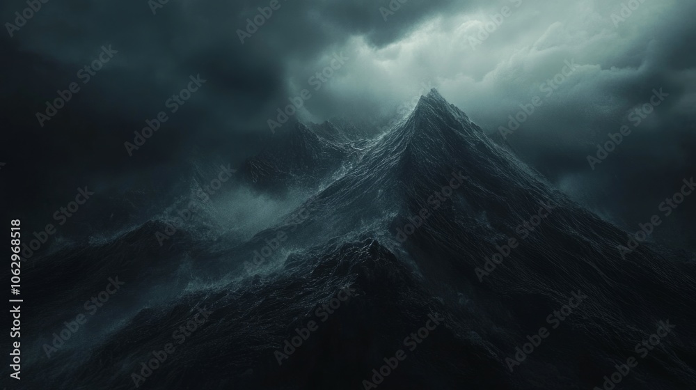 A cinematic still of the edge of an enormous wave with dark clouds in the background A cinematic still of the edge of an enormous wave with dark clouds in the background