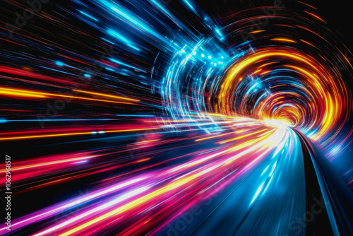 Explore a vibrant, futuristic digital interface with glowing neon effects. This abstract image represents motion and speed, creating a captivating visual experience.