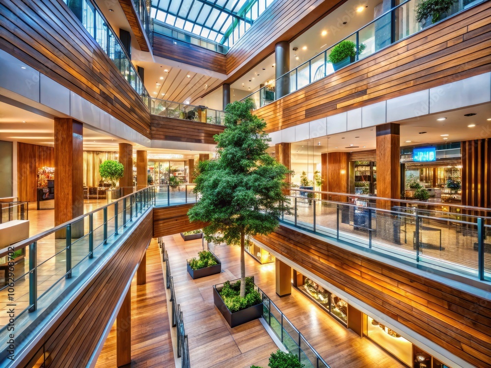 Modern Indoor Shopping Mall with Bokeh Effect, Multi-Level Design, Wooden Paneling, Glass Railings, Decorative Trees, and Diverse Retail Stores for an Elegant Shopping Experience Modern Indoor Shopping Mall with Bokeh Effect, Multi-Level Design, Wooden Paneling, Glass Railings, Decorative Trees, and Diverse Retail Stores for an Elegant Shopping Experience