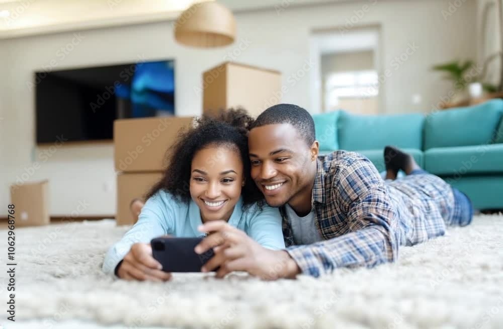 Afro couple is happy in their new home, smiling and using smartphone while unpacking together. Afro couple is happy in their new home, smiling and using smartphone while unpacking together.