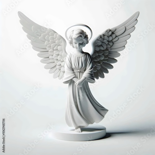 Figurine of a white angel with a halo. 3D rendering.