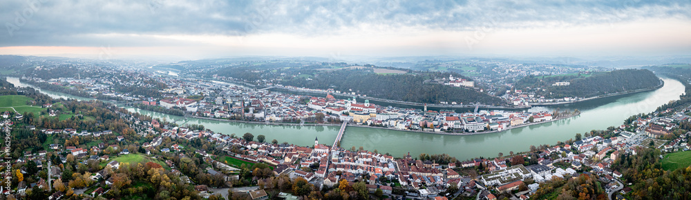 Fototapeta premium Passau Bavaria Germany. Aerial panorama of the old town, Inn and Donau