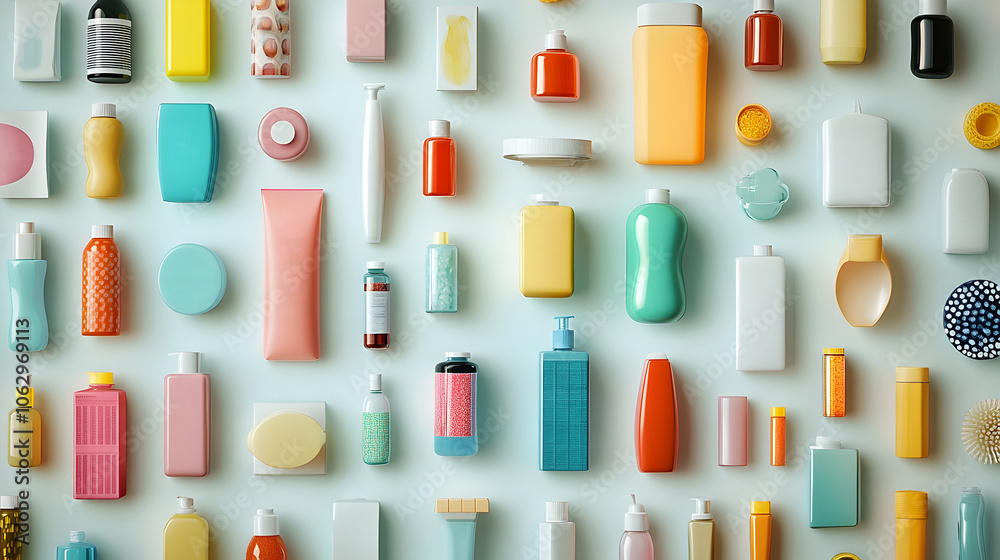 Array of Clean Various Product Packaging on Clean Minimalist Background Array of Clean Various Product Packaging on Clean Minimalist Background