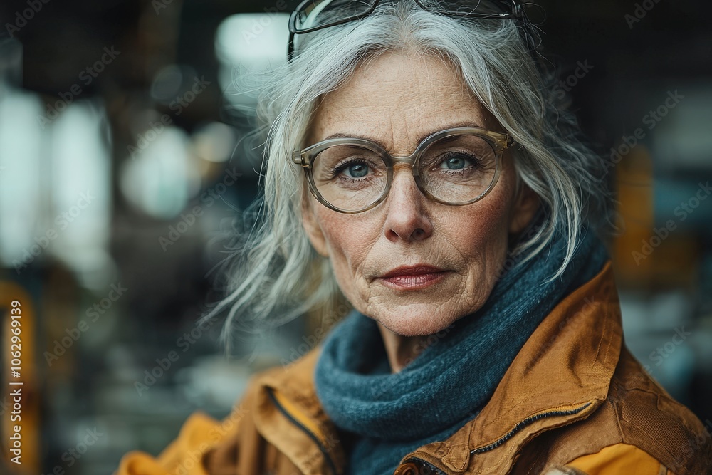 Confident mature woman in stylish glasses and jacket outdoors