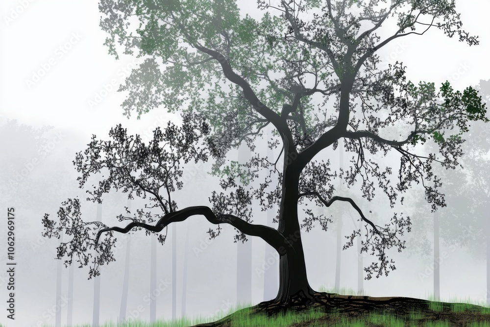 Fototapeta premium Serene minimalistic landscape with lone tree in misty forest