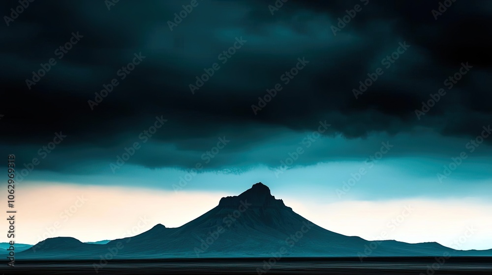 Mysterious mountain silhouetted against a stormy sky, dramatic and serene. Mysterious mountain silhouetted against a stormy sky, dramatic and serene.