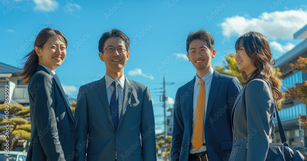 Four Japanese business people wearing suits and smiling, with a blue sky background. Four Japanese business people wearing suits and smiling, with a blue sky background.