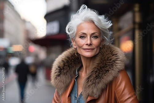 Portrait of a beautiful senior woman with fur coat at the street