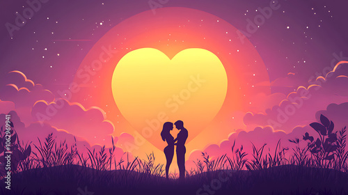 A romantic silhouette of a couple on a hill under the sun with a heart-shaped sky, showcasing love and togetherness in nature at sunset photo