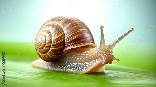 A close-up of a snail gliding over a green leaf, showcasing its spiral shell and moist texture, set against a soft, blurred background. photo