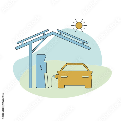 On abstract background charging station icon with car charging from solar energy. Front view of car