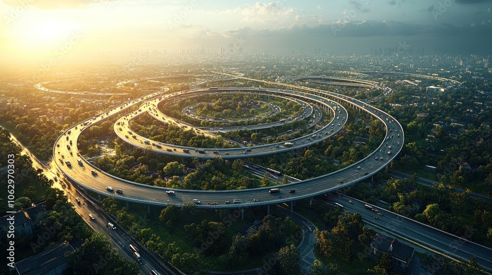 Aerial view of a spiral highway surrounded by greenery at sunset. Aerial view of a spiral highway surrounded by greenery at sunset.
