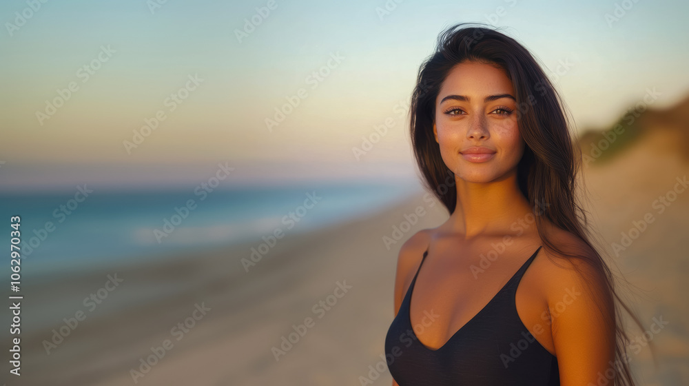 Poster with a beautiful model on the beach illuminated by the warm light of the sunset, space for the concept of natural cosmetics and natural beauty of people Poster with a beautiful model on the beach illuminated by the warm light of the sunset, space for the concept of natural cosmetics and natural beauty of people