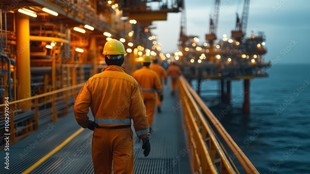 Oil Rig Workers Walking on Platform at Sunset Oil Rig Workers Walking on Platform at Sunset