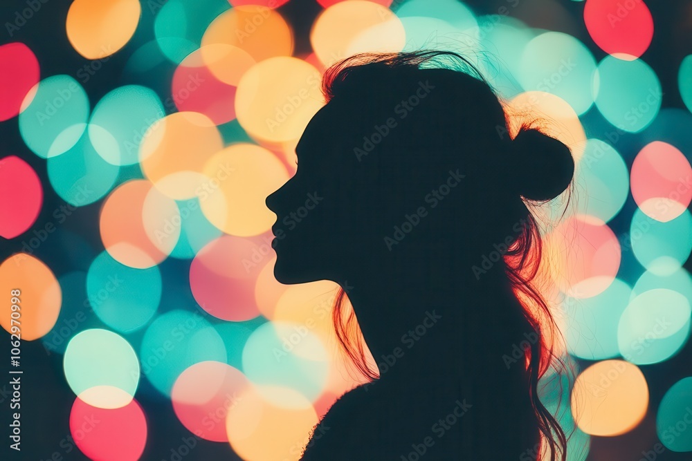 Silhouette of a woman against vibrant bokeh lights background.