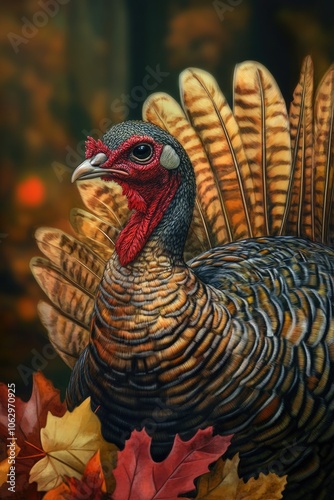 Turkey with a red head and brown feathers. The turkey is standing in a field of autumn leaves