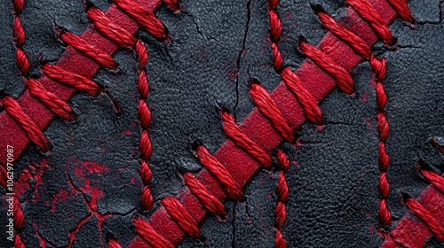 A textured close-up of black leather with prominent red stitching, showcasing intricate details in both material and color contrasts.