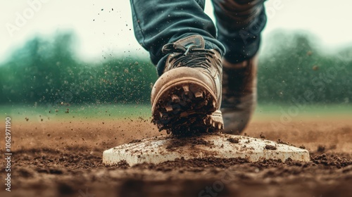 A close-up shot of a player's foot stepping onto a baseball base, kicking up dirt, showcasing motion and excitement in a game.