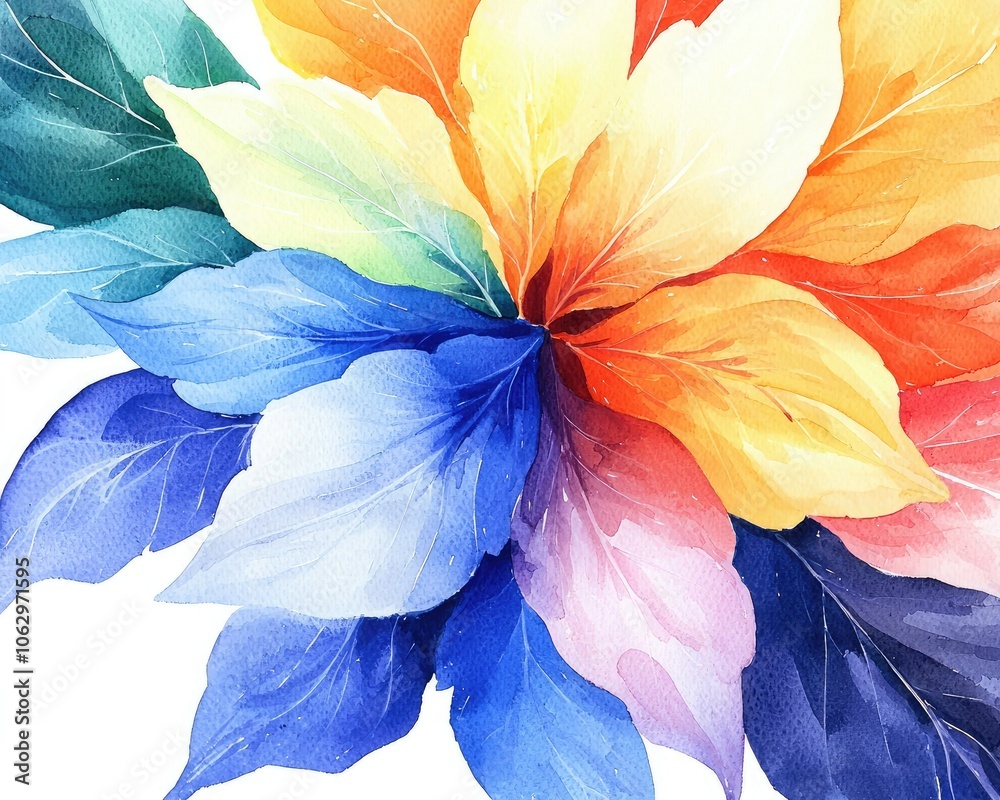 Fototapeta premium A vibrant watercolor illustration featuring multi-colored petals and leaves arranged in a mesmerizing floral design.