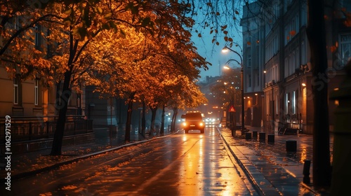 Late autumn season, city street night view 