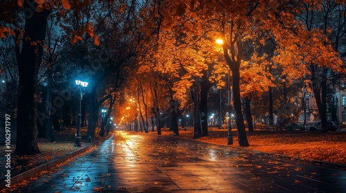 Late autumn season, city street night view 