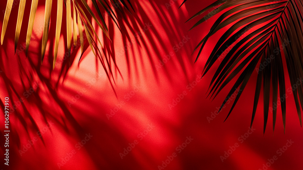 Palm leaves casting shadows on a vibrant red wall during daylight in a tropical setting