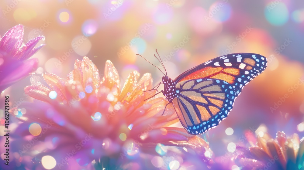 A vibrant butterfly perched on a colorful flower with a dreamy, blurred background filled with soft light.