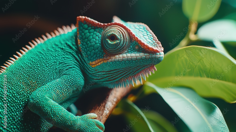 Obraz premium A vibrant green lizard perched among lush leaves, showcasing its unique texture and colorful features in a natural setting.