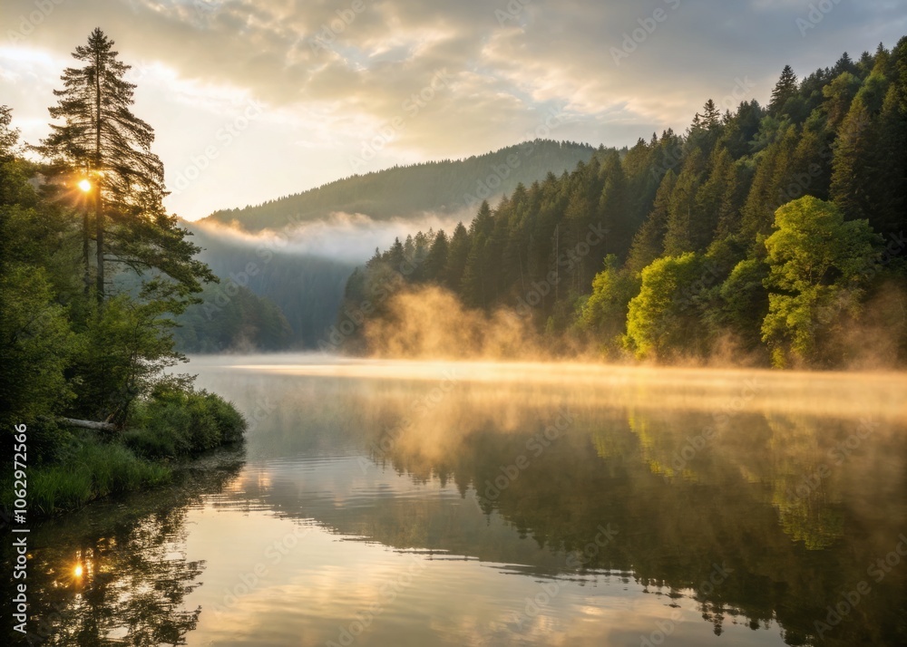 Fototapeta premium Soft Golden Sunlight Breaking Through Delicate Fog at Lacu Rosu, Capturing Nature's Serenity