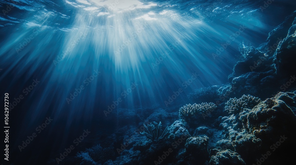 Fototapeta premium Beautiful blue ocean with sunlight shining through the water. The sunlight creates a serene and peaceful atmosphere, making the scene feel calm and relaxing. The blue color of the water