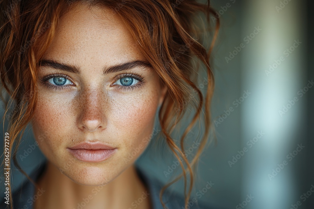 Fototapeta premium Portrait of woman with freckles and blue eyes: natural beauty and serenity