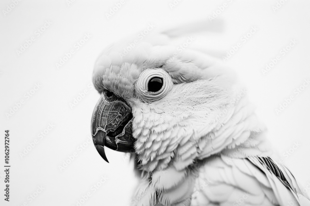 Obraz premium Close-up of a majestic white parrot in black and white, showcasing intricate feather details and expressive features against a minimalistic backdrop.