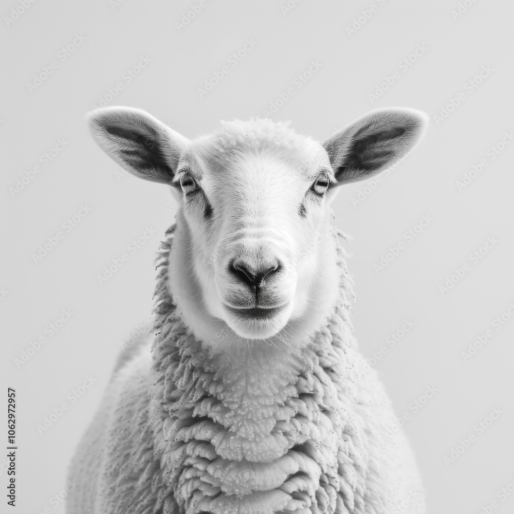 Fototapeta premium Close-up of a sheeps face on a minimalist white background, showcasing its woolly texture and expressive eyes, perfect for farm or animal-themed designs.
