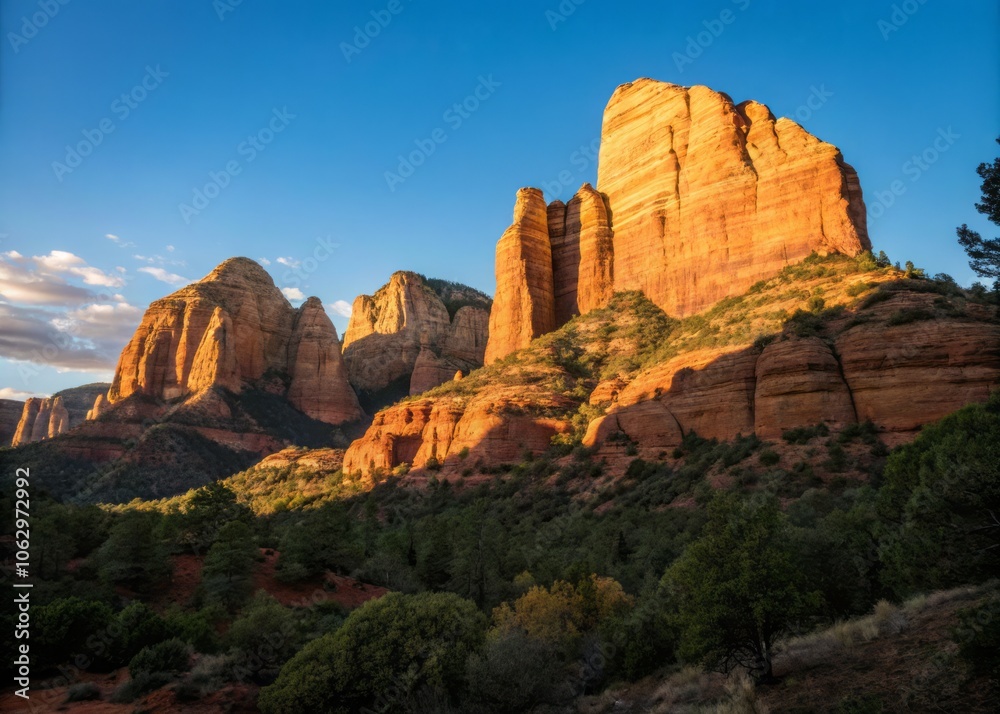 Softly Lit Sandstone Formations Rise Against a Deep Blue Sky in a Serene Natural Landscape Scene Softly Lit Sandstone Formations Rise Against a Deep Blue Sky in a Serene Natural Landscape Scene