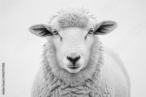 Close-up of a serene sheep against a minimalist white background, showcasing its wool texture and expressive face, perfect for nature and agriculture themes. photo