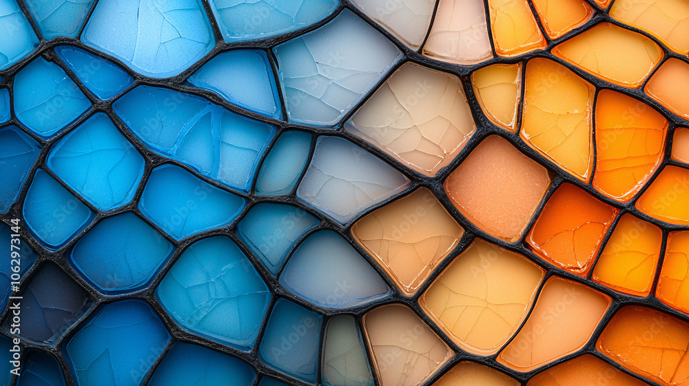 Intricate mosaic of blue, orange, and cream tiles creating vibrant pattern Intricate mosaic of blue, orange, and cream tiles creating vibrant pattern