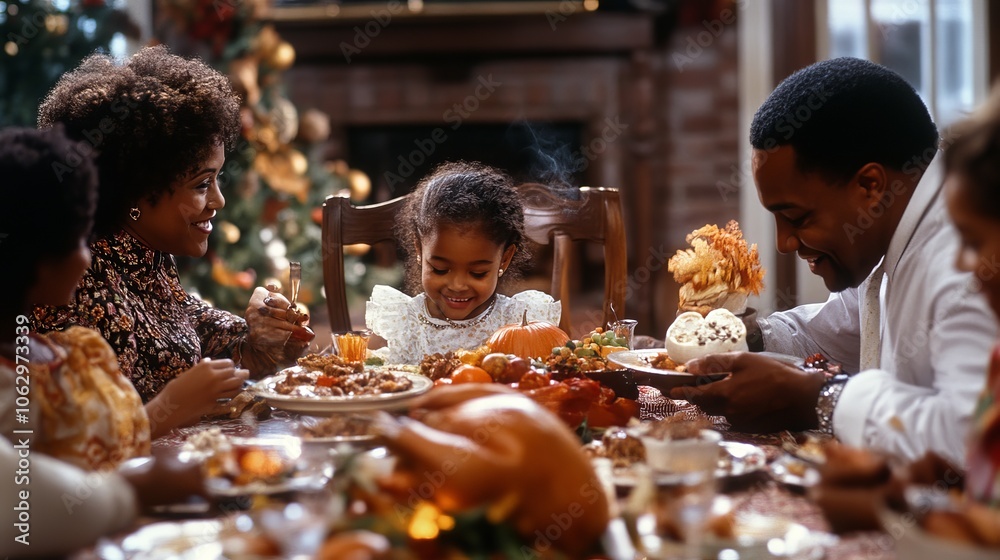 An African American family is enjoying Thanksgiving dinner together at a table. The father and daughter are the main focus of the photo. An African American family is enjoying Thanksgiving dinner together at a table. The father and daughter are the main focus of the photo.