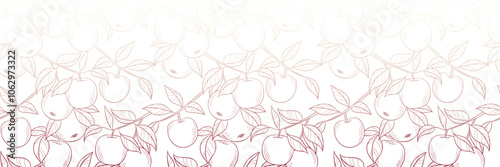 Red white apple line art illustration gradient banner, promotional horizontal vector background with fruits, seamless repeating footer frame design, isolated