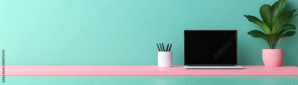 A minimalist workspace featuring a laptop, plant, and stationery on a vibrant pink and teal background, creating a stylish and modern atmosphere.