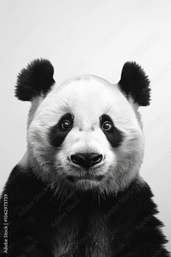 Close-up portrait of a charming giant panda against a minimalist white backdrop, showcasing its distinctive black and white features and expressive eyes. Close-up portrait of a charming giant panda against a minimalist white backdrop, showcasing its distinctive black and white features and expressive eyes.