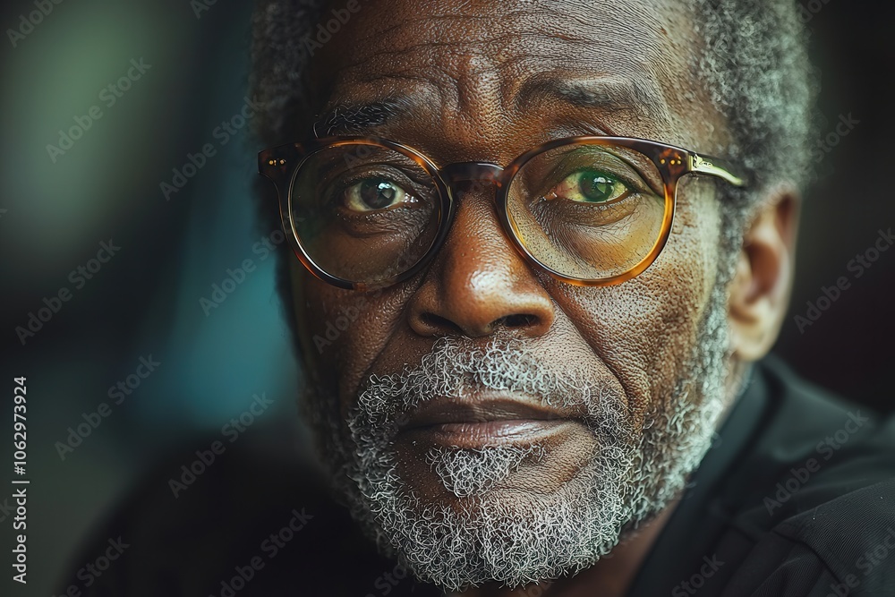 Wise expression of an elderly man with glasses in natural light portrait Wise expression of an elderly man with glasses in natural light portrait