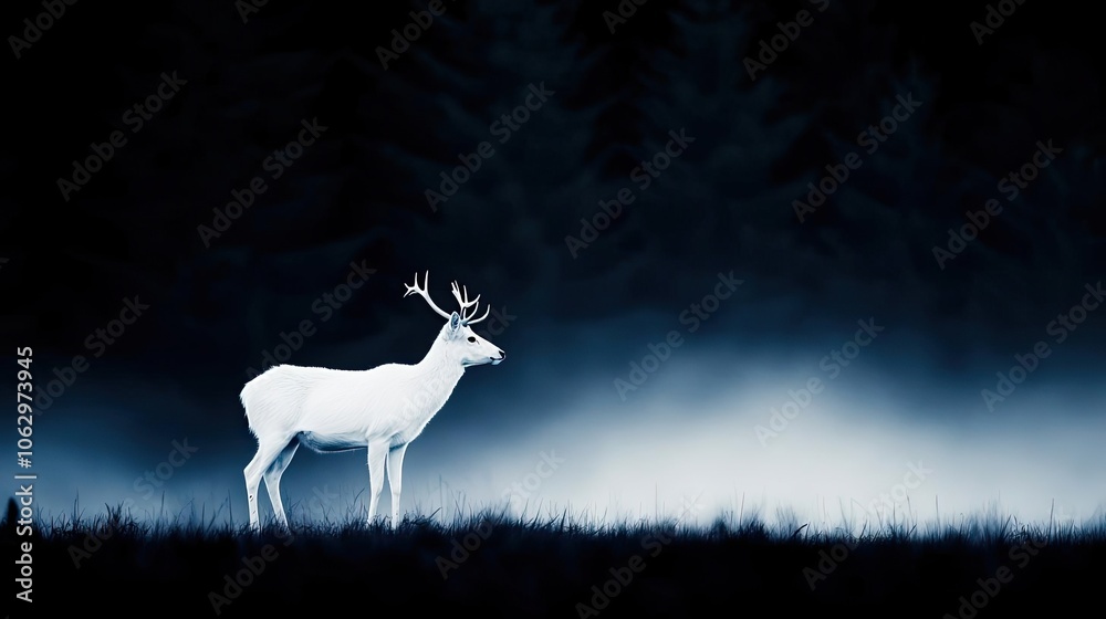 White deer standing in misty forest, ethereal atmosphere. White deer standing in misty forest, ethereal atmosphere.