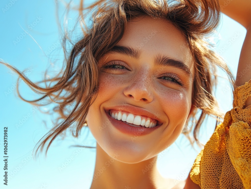 Woman with blonde hair and a yellow shirt is smiling and looking at the camera. She has a bright and happy expression on her face Woman with blonde hair and a yellow shirt is smiling and looking at the camera. She has a bright and happy expression on her face
