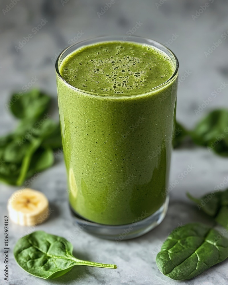 A refreshing plant-based smoothie featuring vibrant green spinach, almond milk, and a hint of banana A refreshing plant-based smoothie featuring vibrant green spinach, almond milk, and a hint of banana