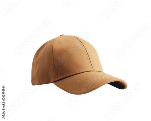 Tan baseball cap with a black band sits on a white background. isolate transparent background
