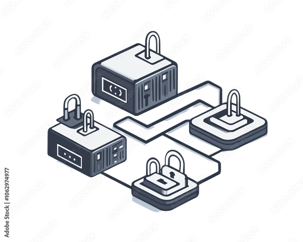Series of computer servers are connected by a series of locks. isolate transparent background Series of computer servers are connected by a series of locks. isolate transparent background