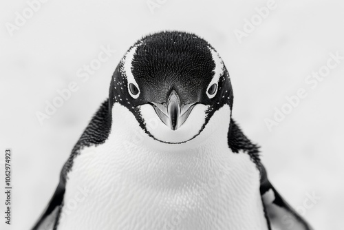 Close-up Portrait of an AdÃ©lie Penguin Against a Snowy Background, Capturing Its Unique Features and Playful Expression in High Contrast Black and White. photo