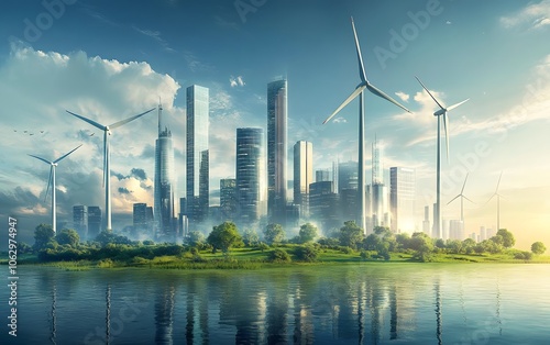 A futuristic cityscape featuring towering buildings, wind turbines, and a serene water body under a bright sky.