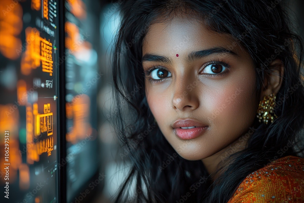 Elegant woman with traditional attire and digital interface background Elegant woman with traditional attire and digital interface background